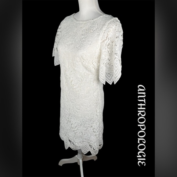 Anthropologie | White Charleston Lace Overlay Mini Scalloped Trim Dress - Picture 4 of 11